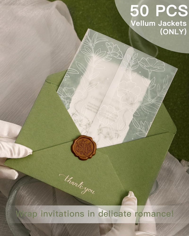 MIIOO Floral Vellum Jackets for 5x7 Invitations,50 Pack Vellum Paper Prefolded Invitation Sleeves,Wedding,Baby Shower DIY Accessories-Full Bloom - Image 2